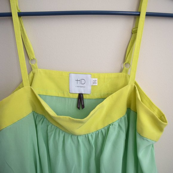 100% Silk Flowy Pastel Green and Yellow Babydoll Tank Top - Picture 2 of 5